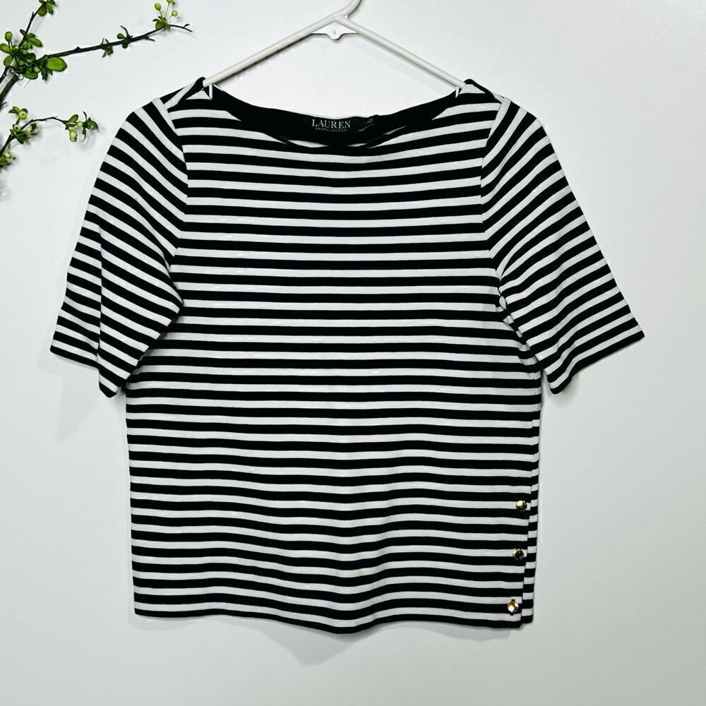 Lauren Ralph Lauren Navy Blue White Stripe Gold Button 1/2 Sleeve Shirt Stretch